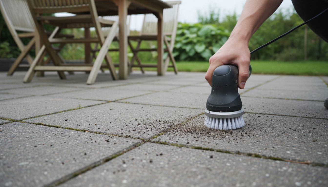 Lille håndholdt akku-børste renser fugen mellem terrassefliser
