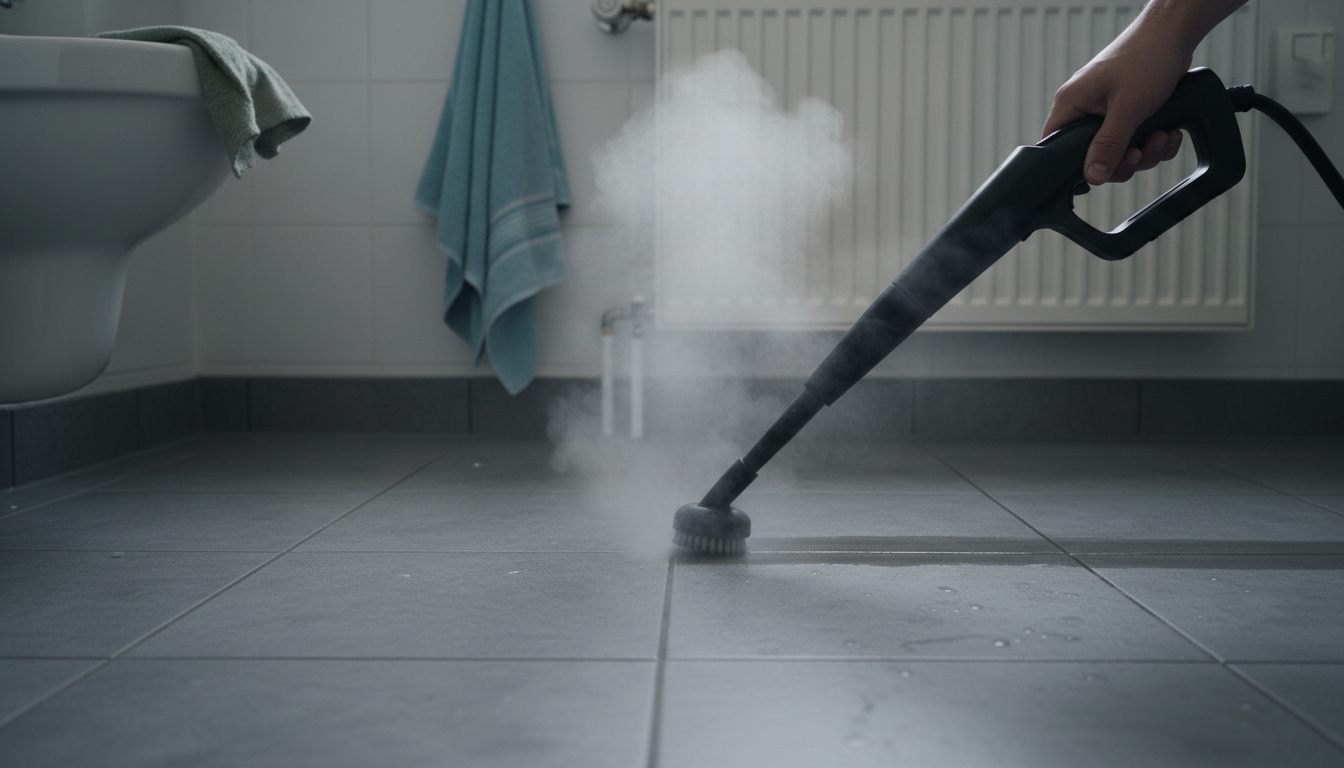 Damprenser med punktdyse renser fugerne på et klinkegulv i badeværelset