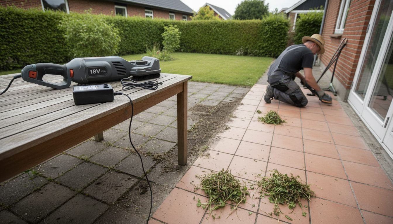 Batteridrevet fugerenser med løst 18V-batteri og oplader på et havebord