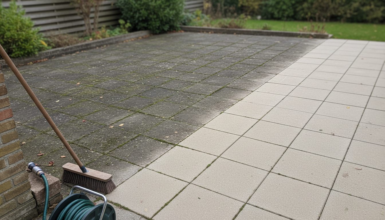 Terrasse under fliserens — venstre halvdel mørk af alger, højre nyrenset og lys