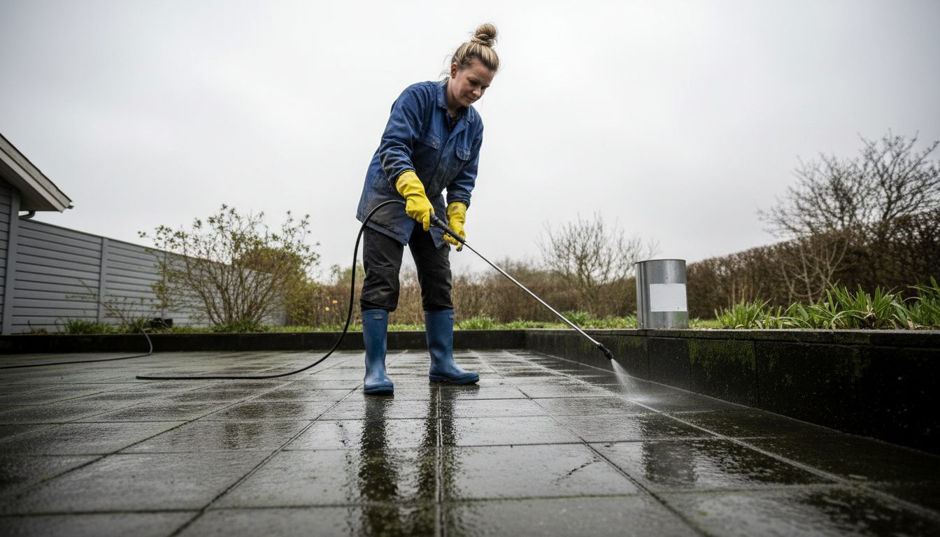 Fliserens påføres en algebelagt terrasse med lavtrykssprøjte og lang lanse