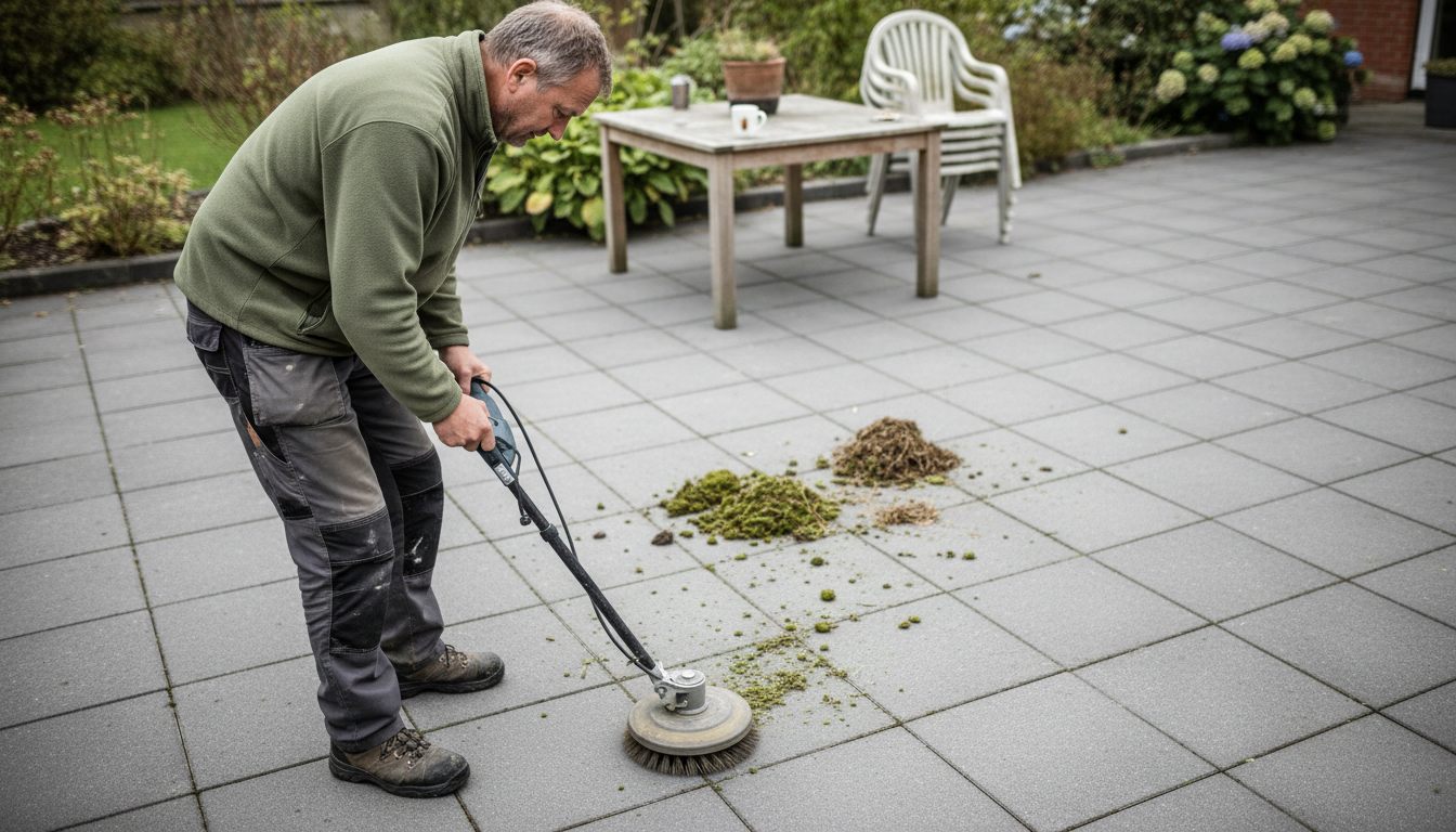 Batteridrevet fliserenser renser fugerne på en flisebelagt terrasse