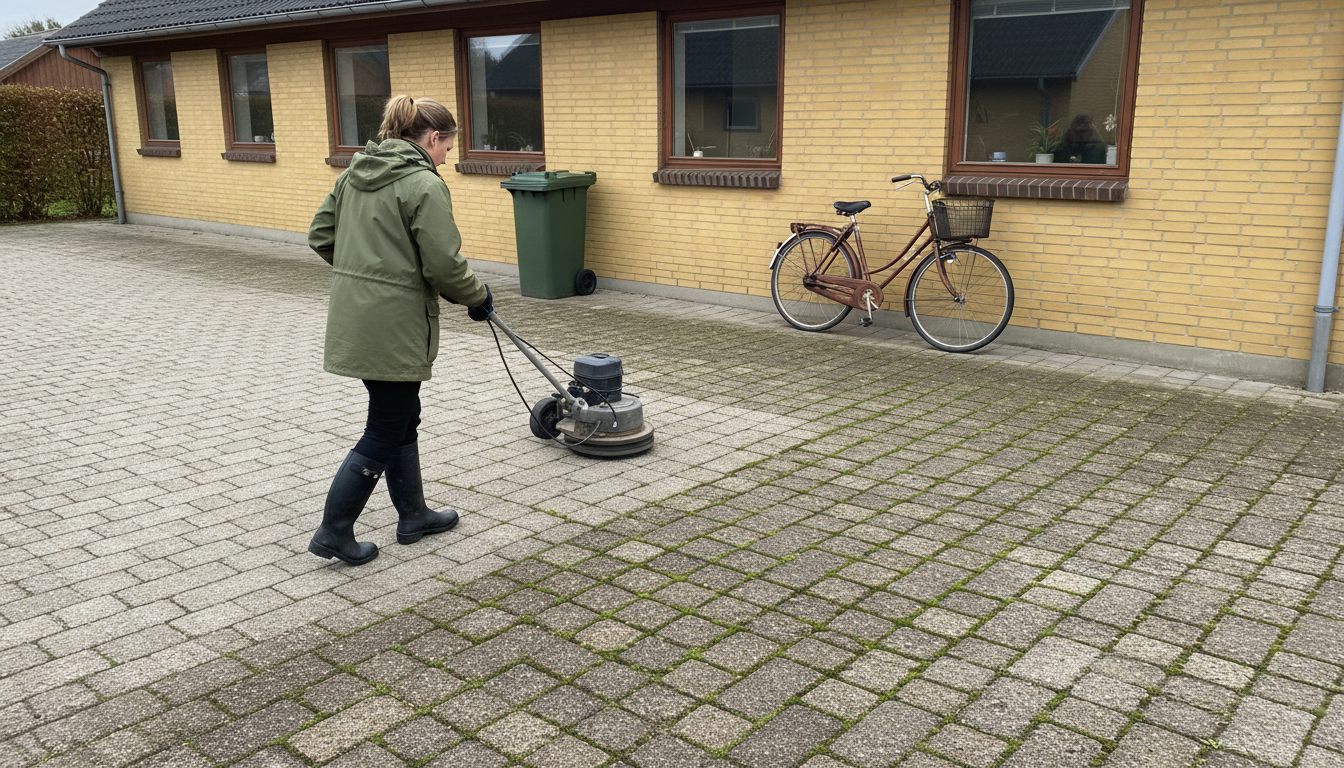 Fliserenser på stor indkørsel — den ene halvdel renset, den anden med grønne fuger