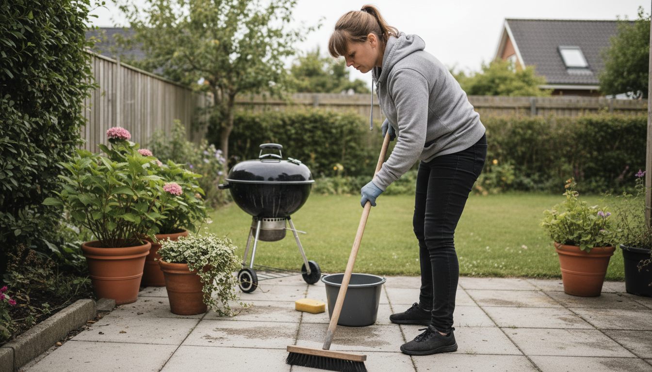 Løsnet ukrudt og skidt fejes væk efter fugerensning på gårdhave-terrassen