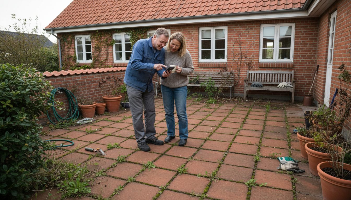Par på tilgroet fliseterrasse undersøger fugerenser-muligheder på telefonen