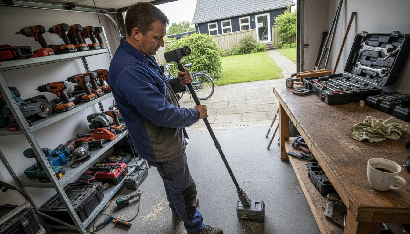 Gør-det-selv-mand sætter batteri i en fugerenser i garagen ved sin værktøjshylde