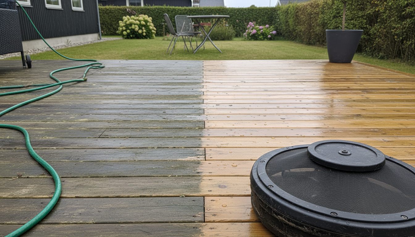 Træterrasse under rensning med terrasserenser — halvt grå, halvt nyvasket