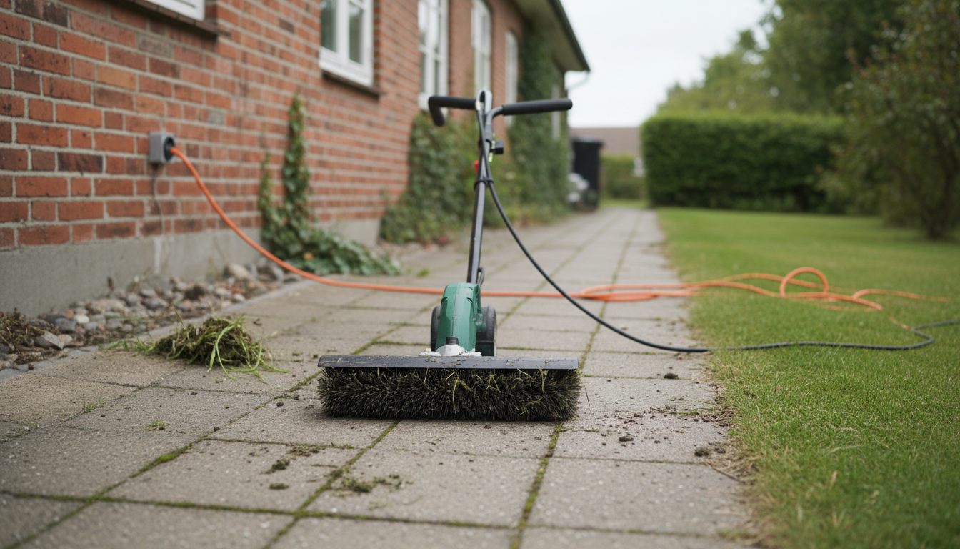 Elektrisk fliserenser med ledning og bred børste på en flisegang ved huset