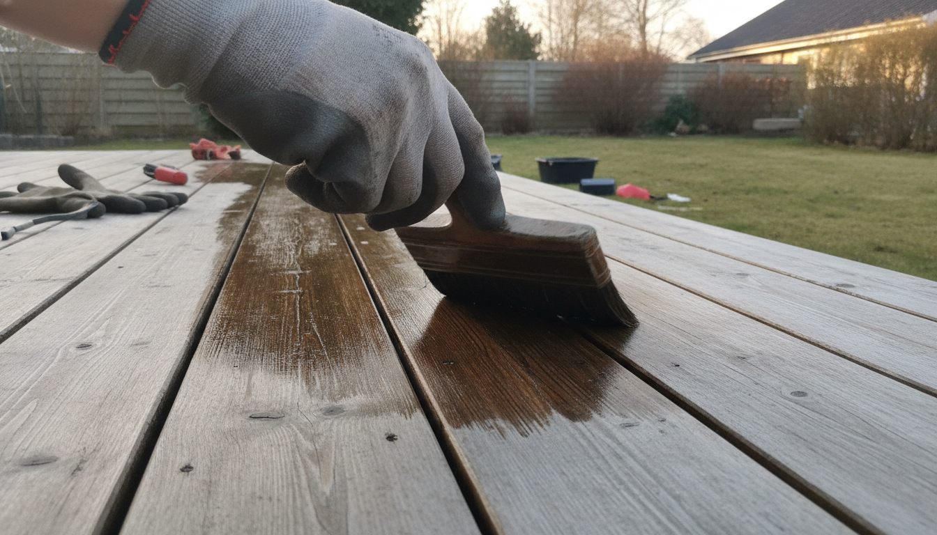Bred pensel påfører mørk træolie på terrassebrædder — den olierede del er markant mørkere end den ubehandlede