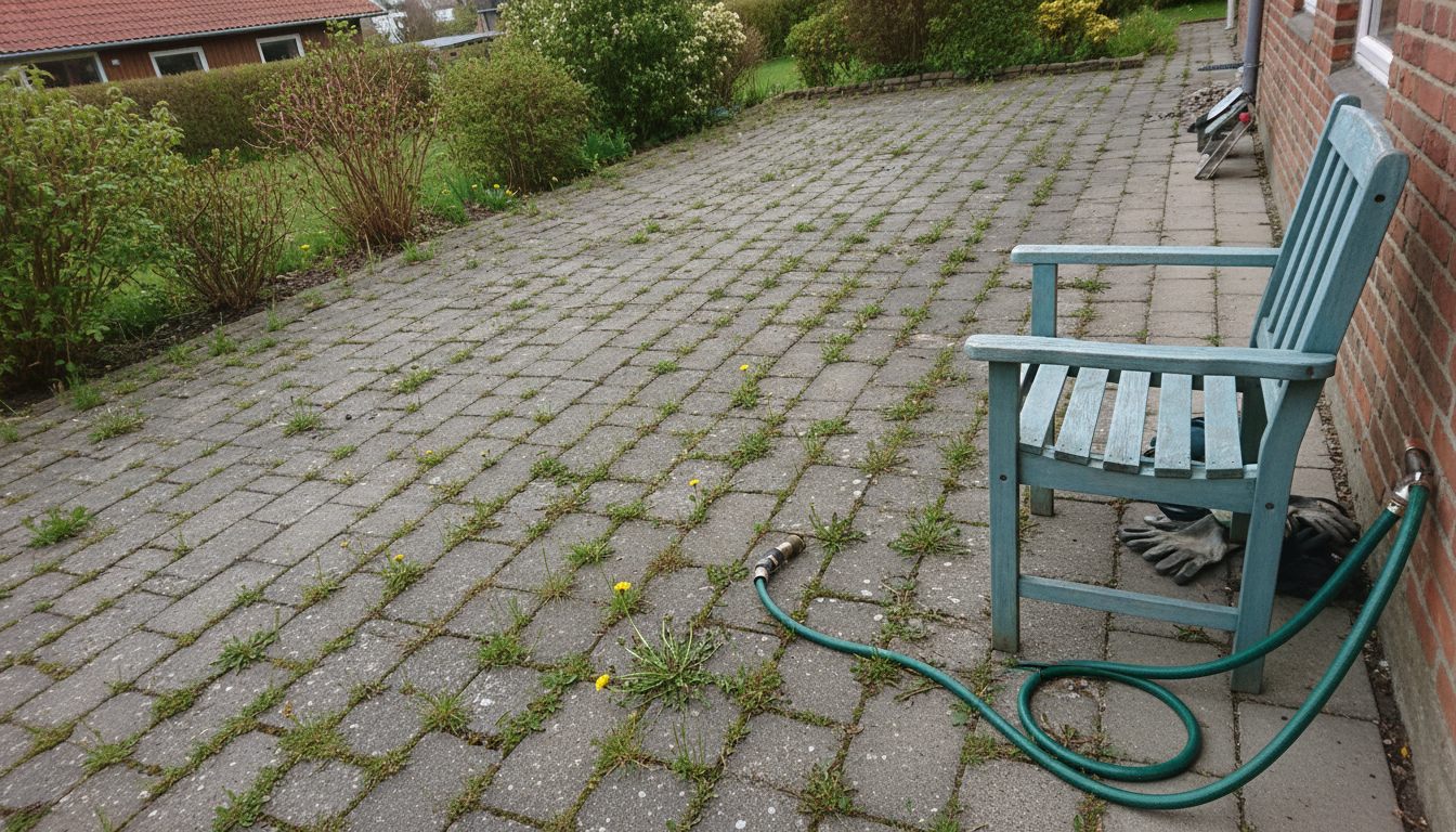 Tilgroede flisefuger med græs og mælkebøtter på en dansk terrasse
