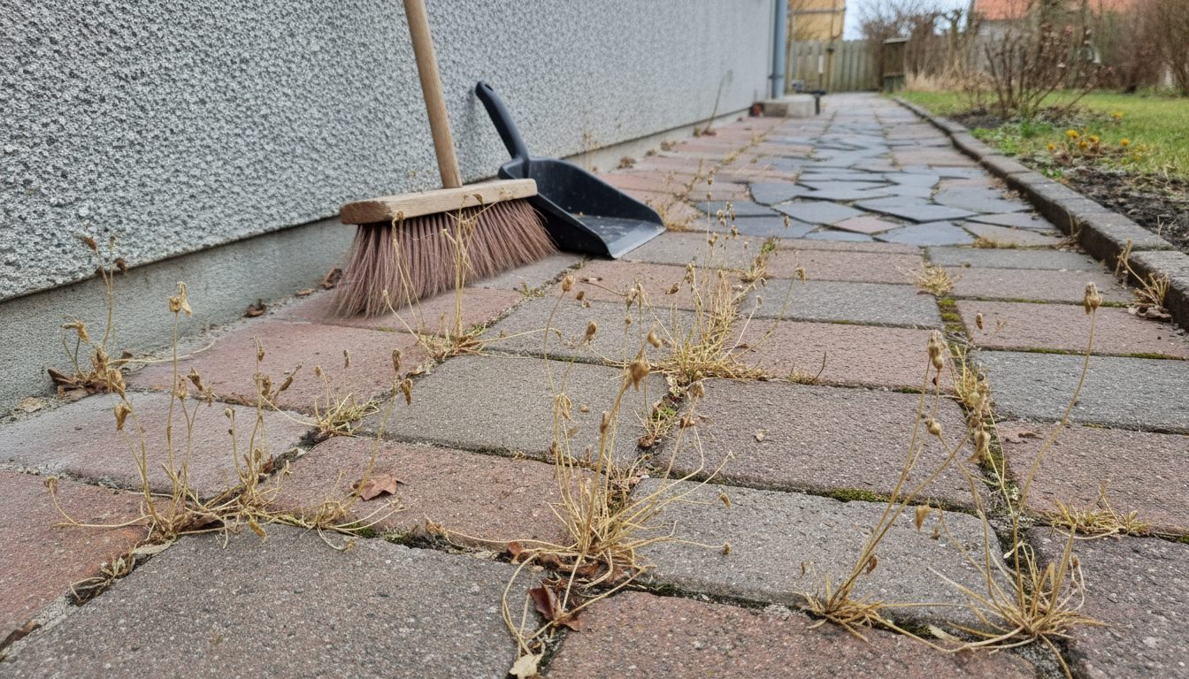 Vissent ukrudt i flisefugerne få dage efter behandling med ukrudtsbrænder