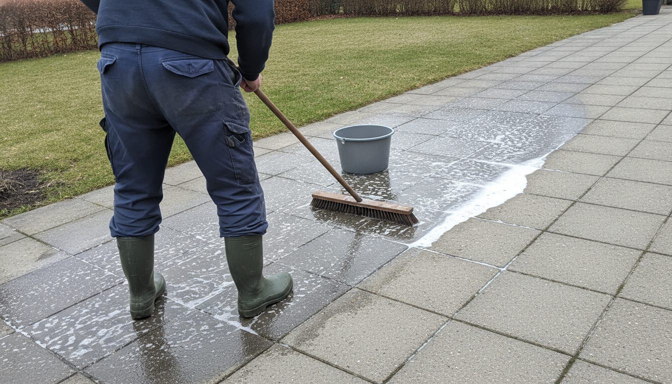 Skummende fliserens fordeles ud over grå betonfliser med en bred kost — spanden står ved siden af, og grænsen til de tørre fliser er skarp