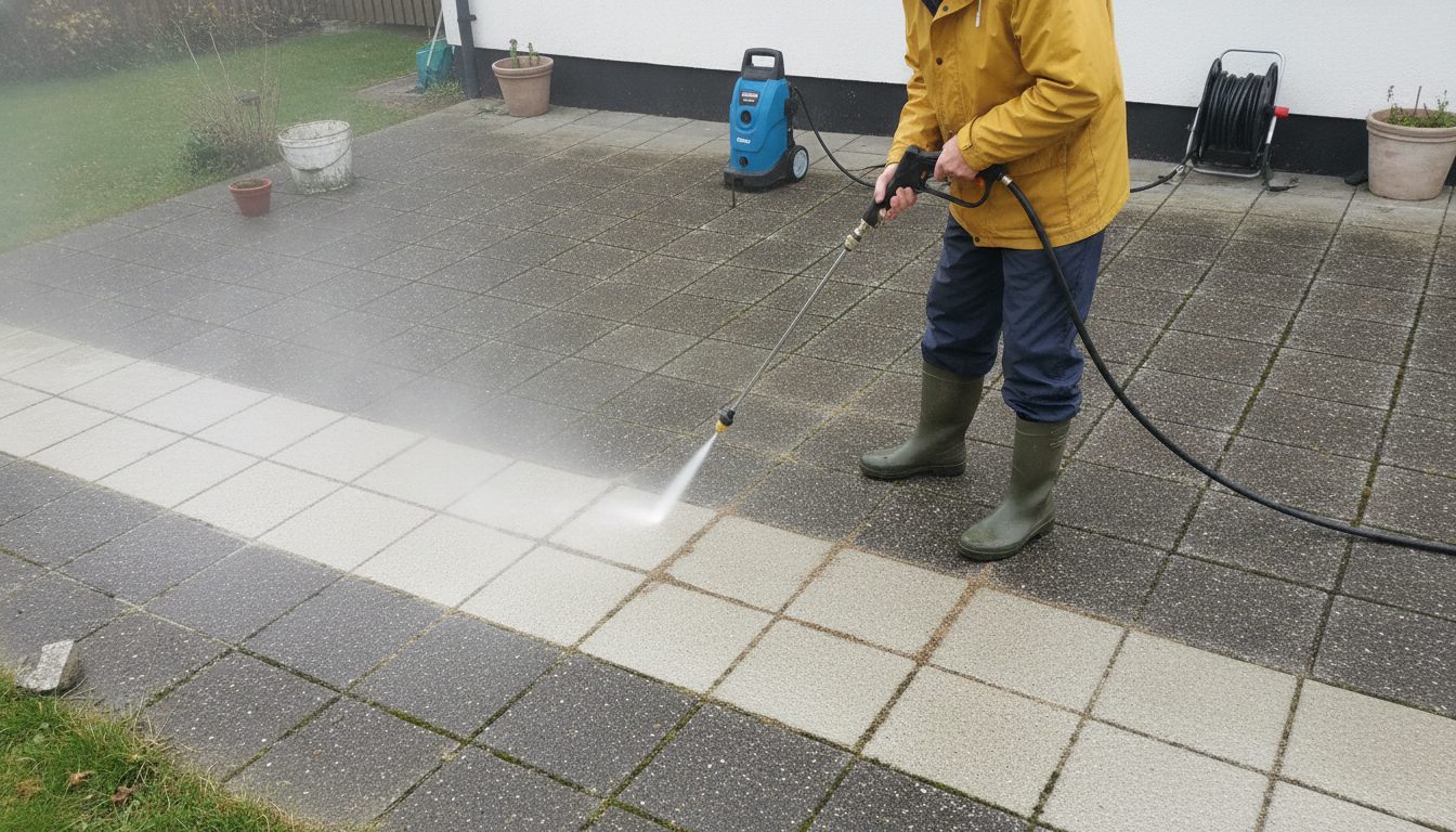 Mand i regnjakke højtryksrenser betonfliser med den åbne lanse holdt på skrå — den rensede bane står lys mod de mosgrå fliser