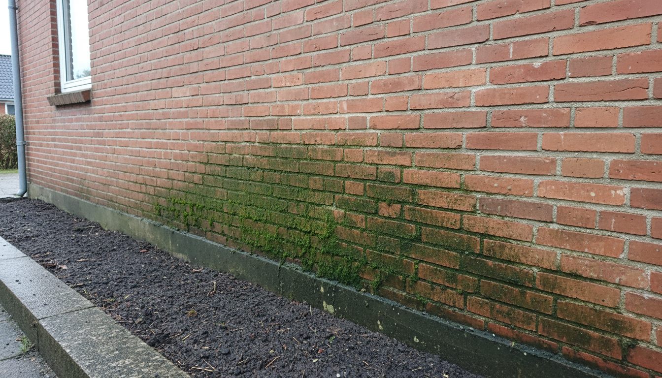 Rødstensmur på et parcelhus, hvor de nederste skifter er dækket af grøn algebelægning — kraftigst lige over soklen, hvor et jordbed går helt op til muren