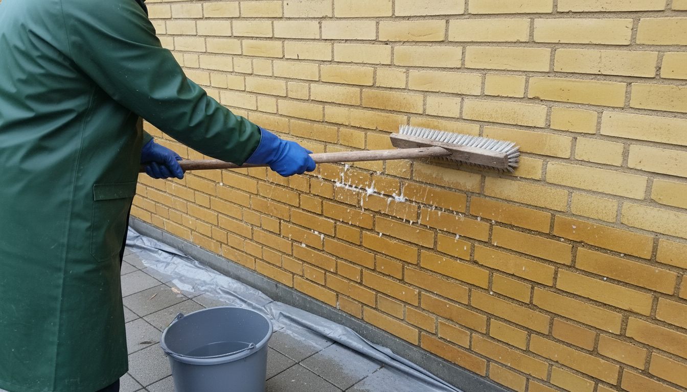 Person i regnjakke og gummihandsker fører en bred vaskebørste på langt skaft hen over en gulstensmur — bedet langs soklen er dækket af presenning, og en spand står på fliserne