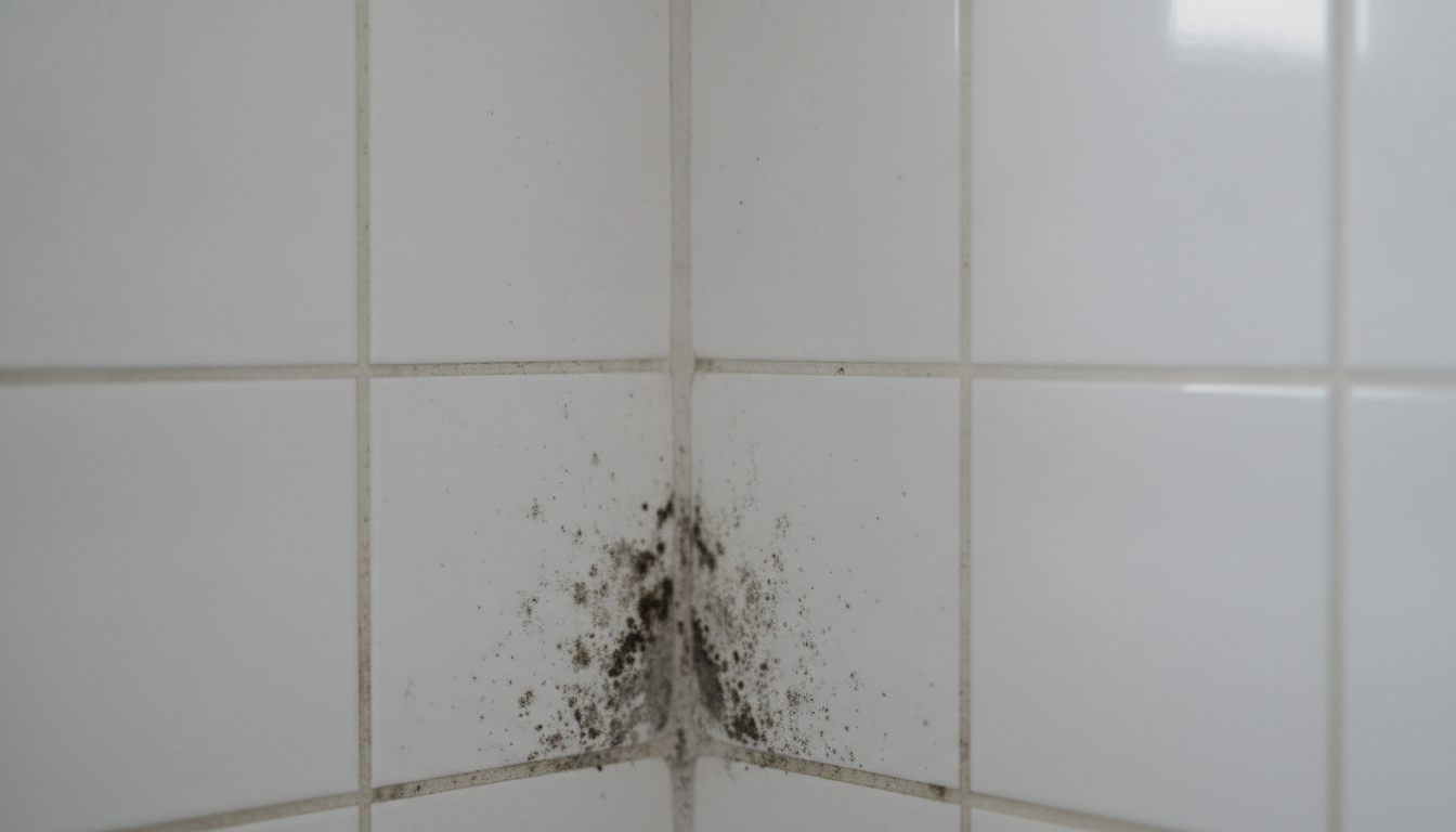 Sorte skimmelpletter i fugerne mellem hvide badeværelsesfliser