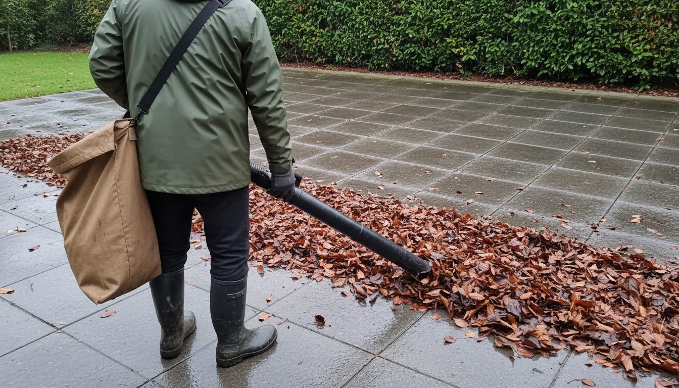 En person i grøn regnjakke og gummistøvler med en fyldt stofopsamlingspose over skulderen fører et bredt sugerør ned i et bånd af våde, brune bøgeblade på en våd fliseterrasse — fliserne til højre er ryddede