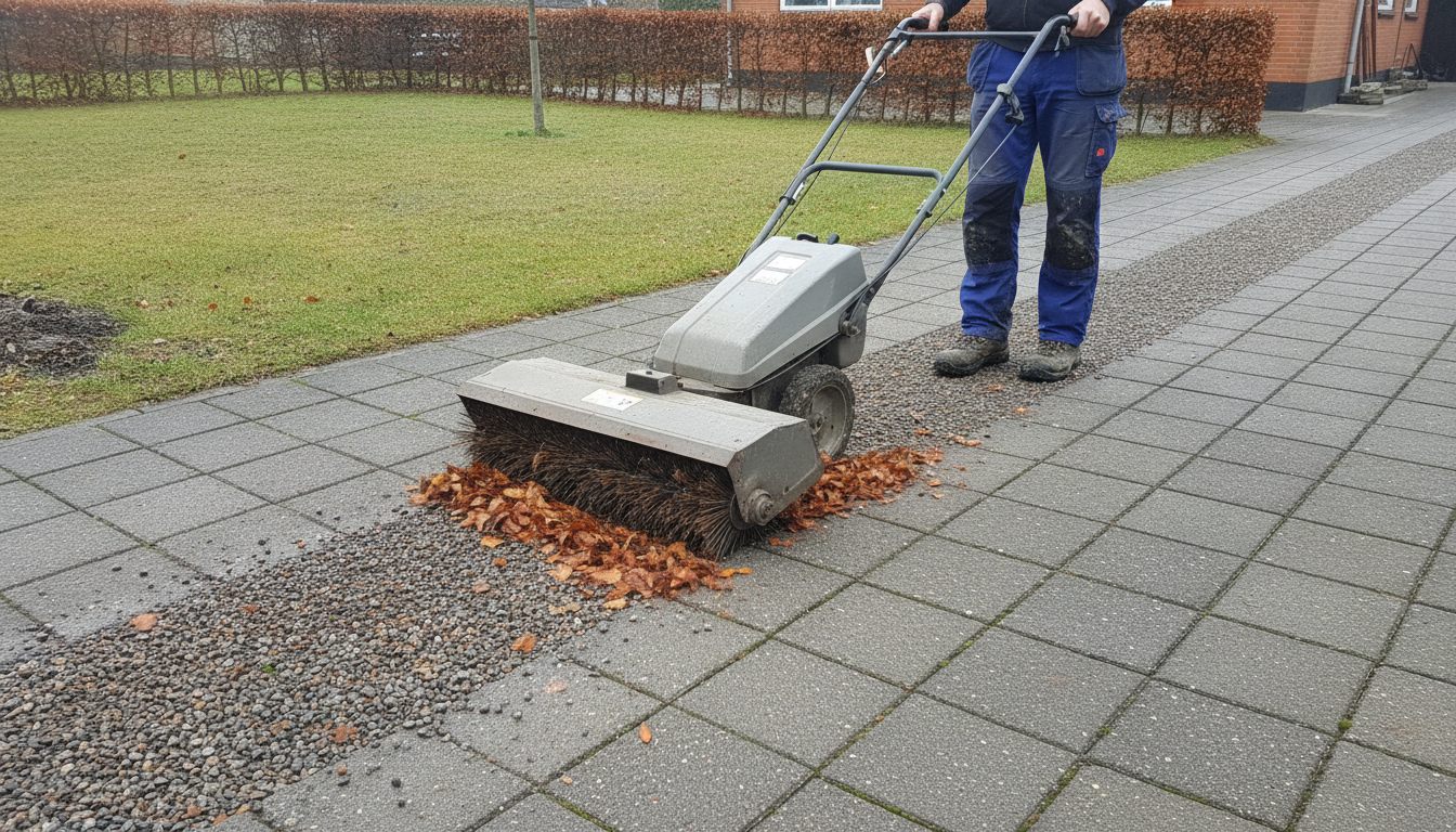En motordrevet fejemaskine med en bred, roterende valsekost forrest arbejder sig gennem en stribe våde blade og småsten på en flisebelagt indkørsel; føreren ses fra livet og ned i blå arbejdsbukser