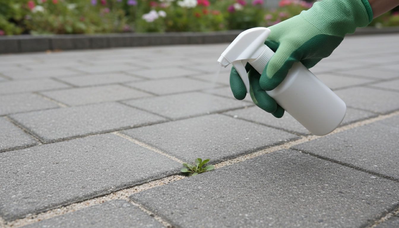 En hånd i grøn havehandske holder en hvid sprøjteflaske uden etiket lige over en lille grøn ukrudtsplante i en sandfuge mellem grå betonfliser; bag fliserne står et blomsterbed