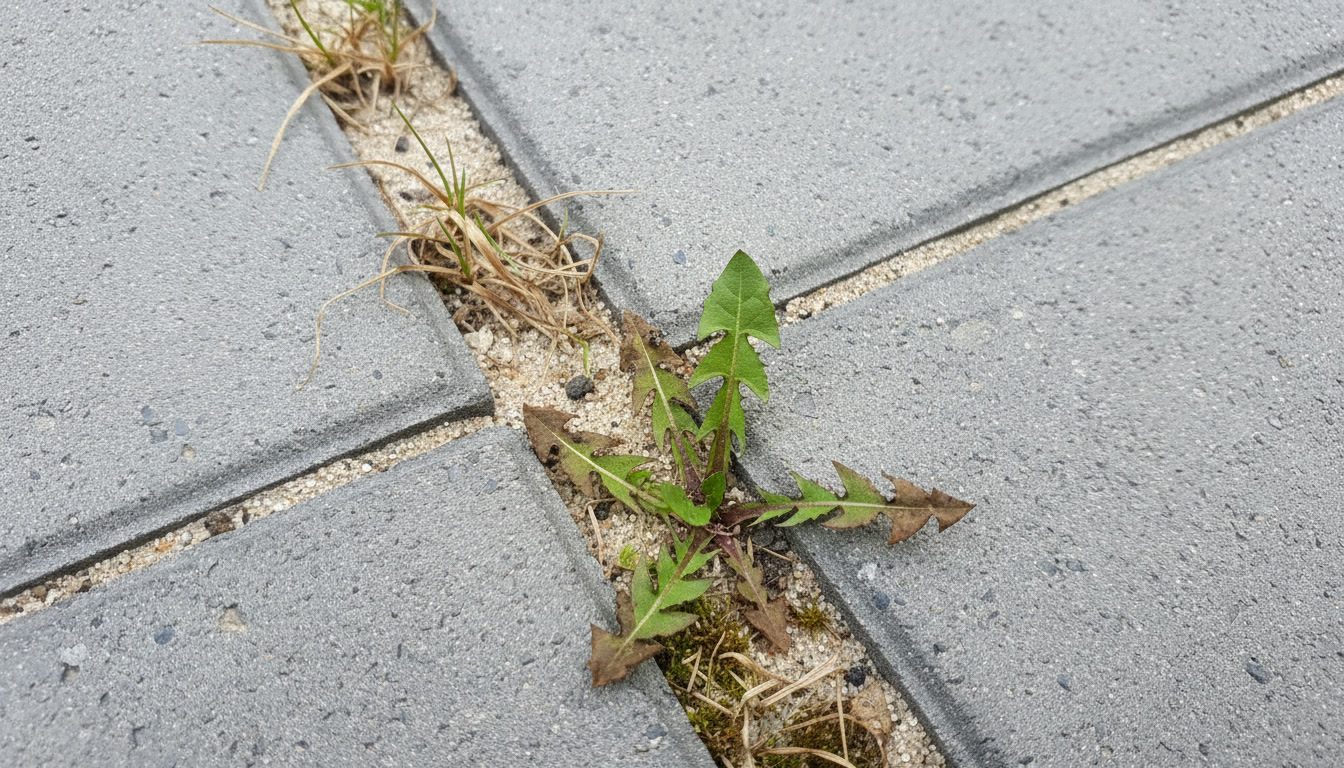 Nærbillede af en flisefuge med visne, brune græsstrå og en mælkebøtte, hvis blade er brune i spidserne, men stadig grønne inde ved midten