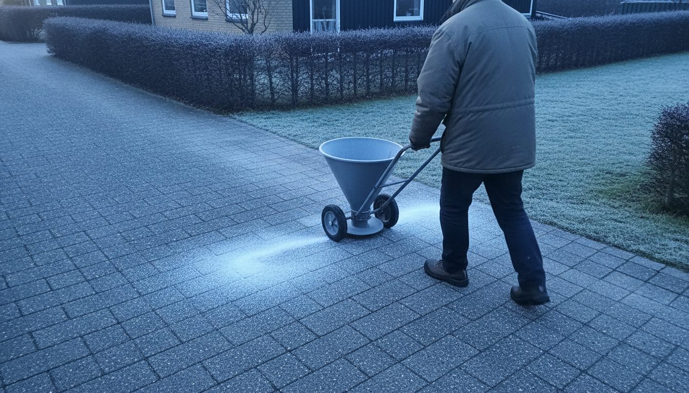 En person i vinterjakke fører en lille saltspreder med tragtformet grå beholder på to hjul hen over en flisebelagt indkørsel med rimfrost; en hvid stribe salt ligger på fliserne ved sprederen, og en rimdækket hæk og et parcelhus ses i baggrunden