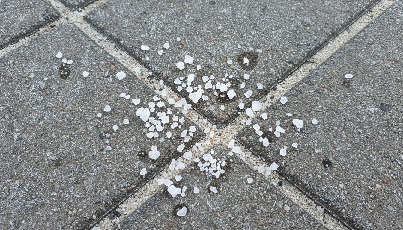 Nærbillede af grove, hvide saltkorn, der ligger i små klumper på grå betonfliser med rimfrost; omkring nogle af kornene er frosten smeltet i mørke pletter, og en fuge med lyst fugesand løber gennem billedet